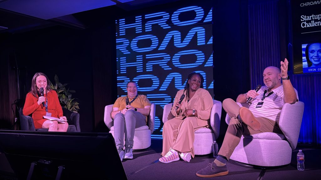 Erin Conrad, Anchor for News On 6 (far left), Vincent Murray, Community Stakeholder Relations Manager, Manna Air Delivery (left), Koddi Dunn, CEO Love Mobile (center), Simon Turner, Partner at Gitwit (right)