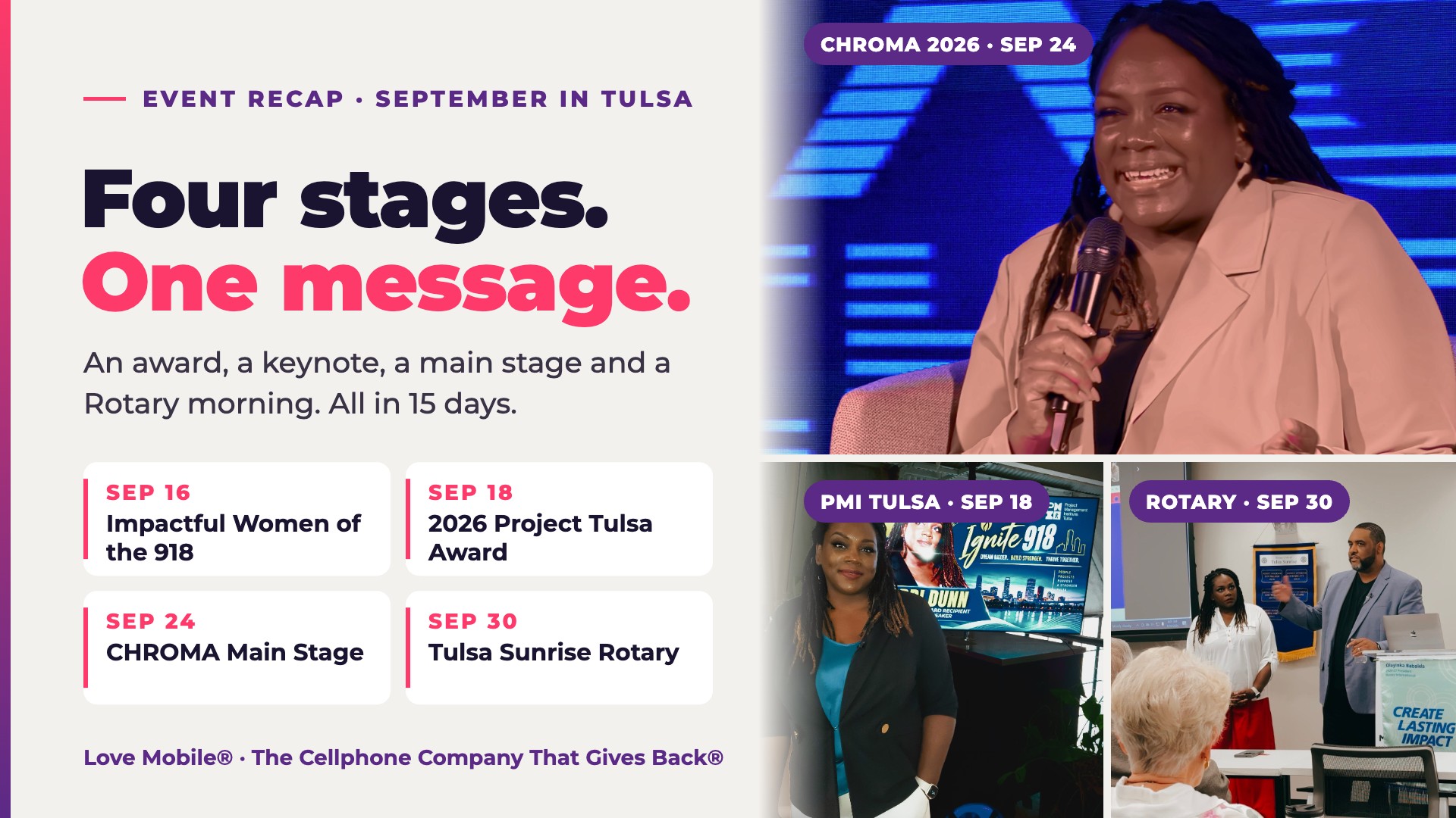 Four stages, one message: Love Mobile® co-founders Koddi Dunn and Wade Dunn Jr. on stage at CHROMA 2026, PMI Tulsa Ignite 918 and Tulsa Sunrise Rotary in September 2026